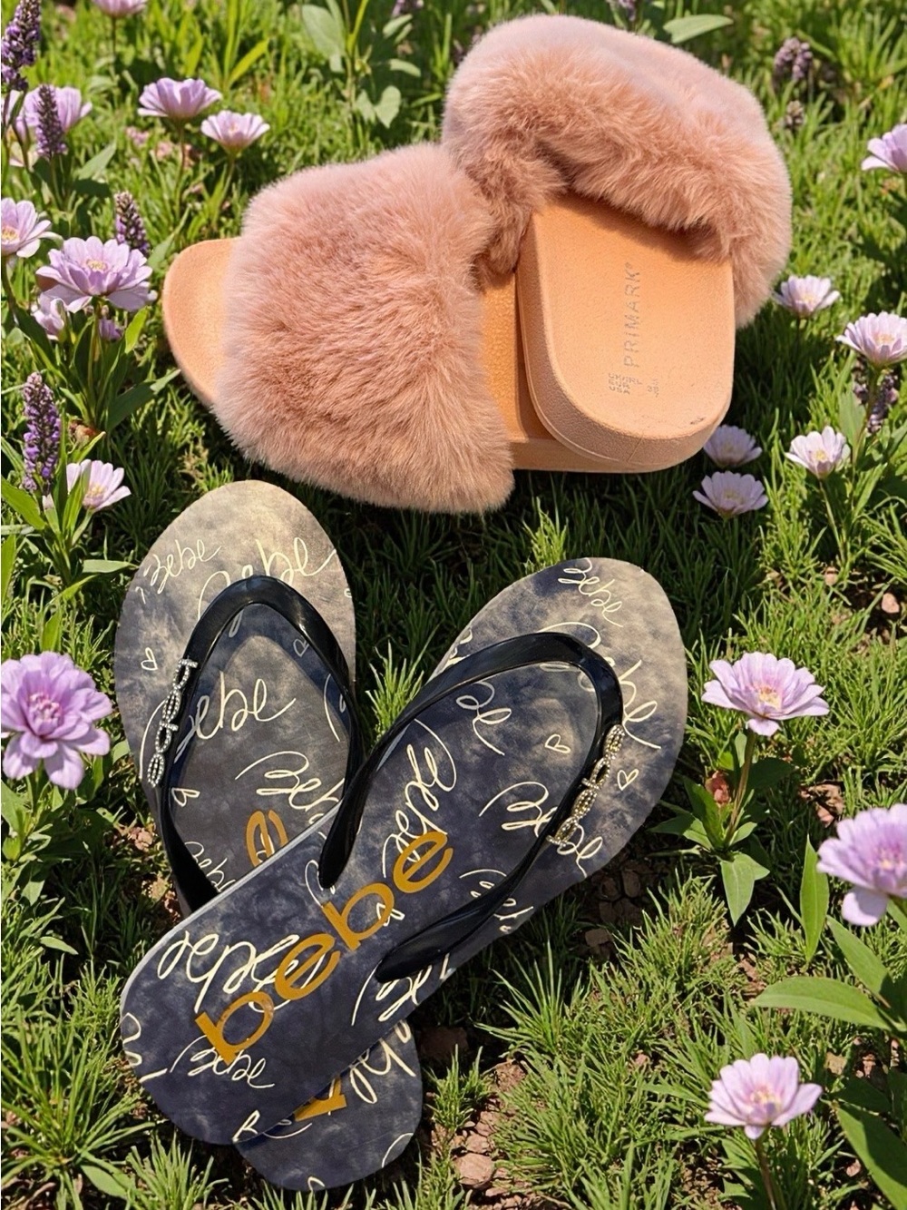 Bebe Black Script Flip Flops & Pink Faux Fur Slide Pair**BUNDLE*